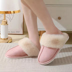 Brown indoor slippers with soft faux fur edge