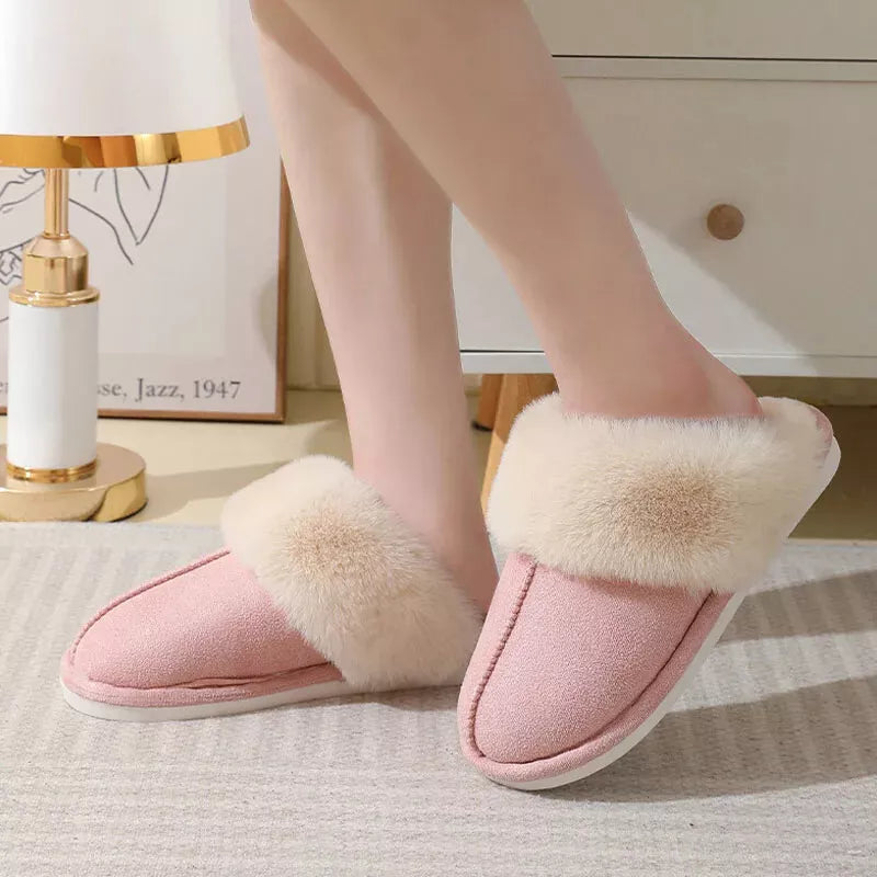Brown indoor slippers with soft faux fur edge
