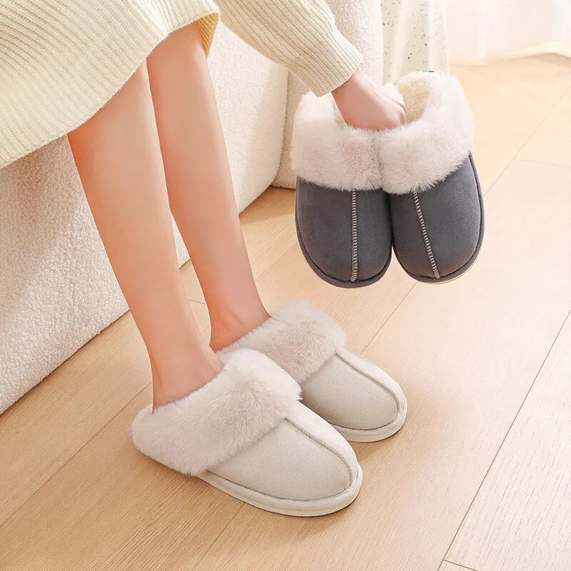 Brown suede-style slippers with fluffy top