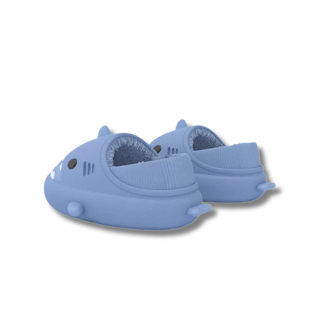 Fluffy lined blue shark house shoes for winter