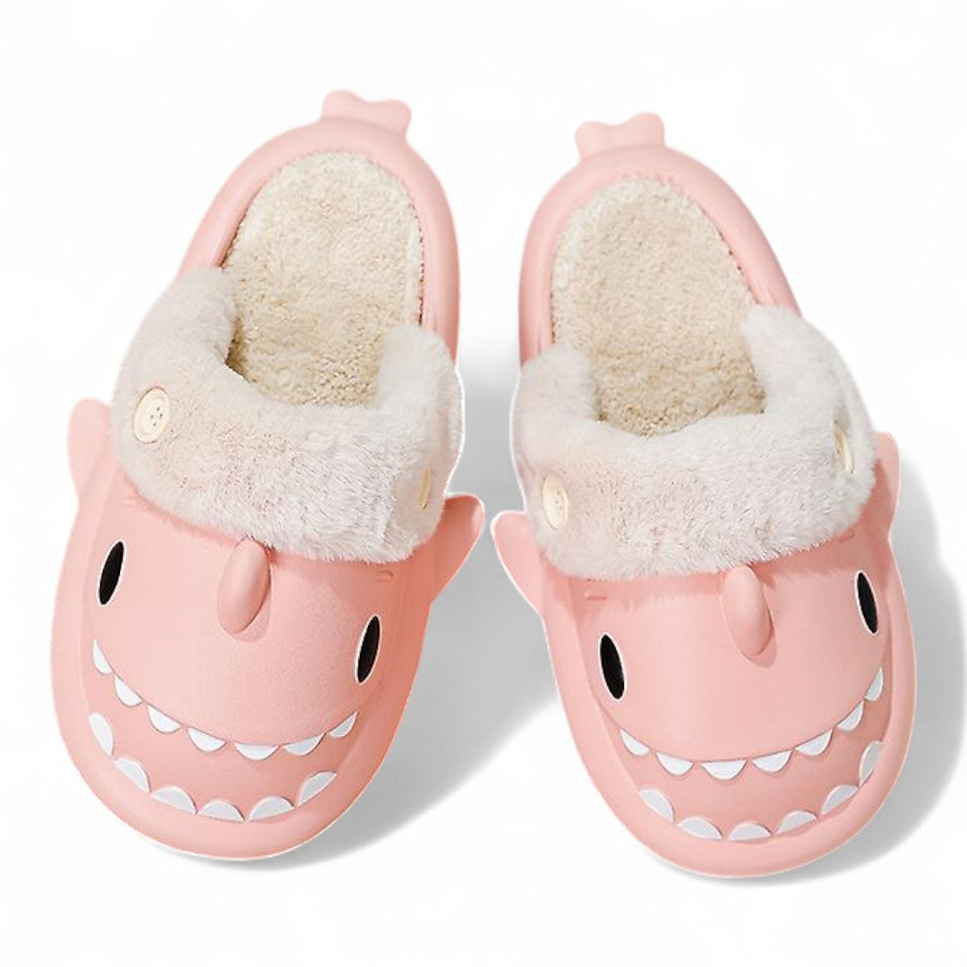 Fluffy shark slippers with soft plush design for indoor comfort
