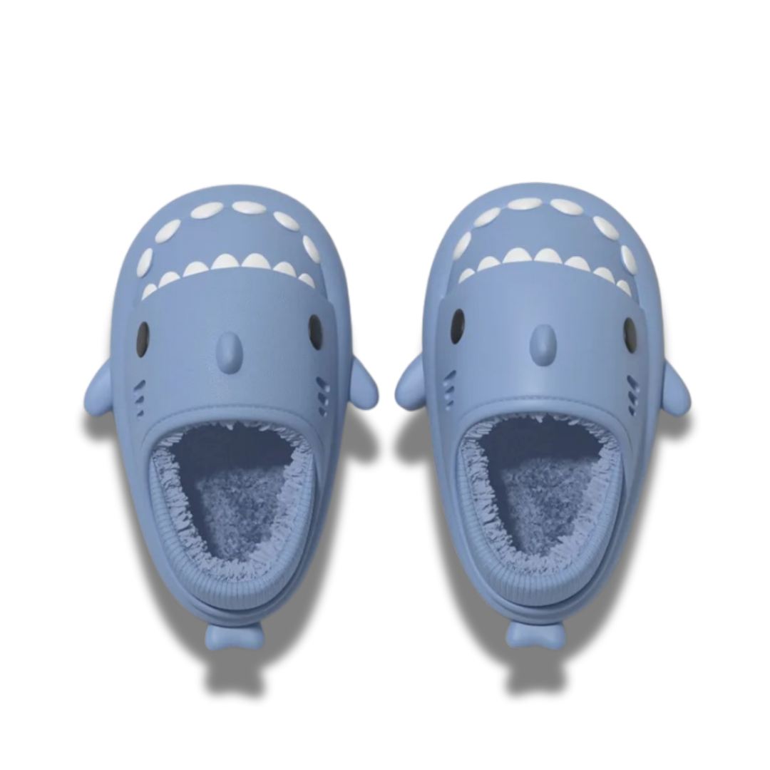 Novelty shark slippers in blue with fun cartoon look