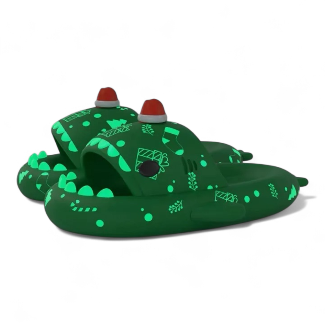 Green shark slippers with glow-in-the-dark Christmas design