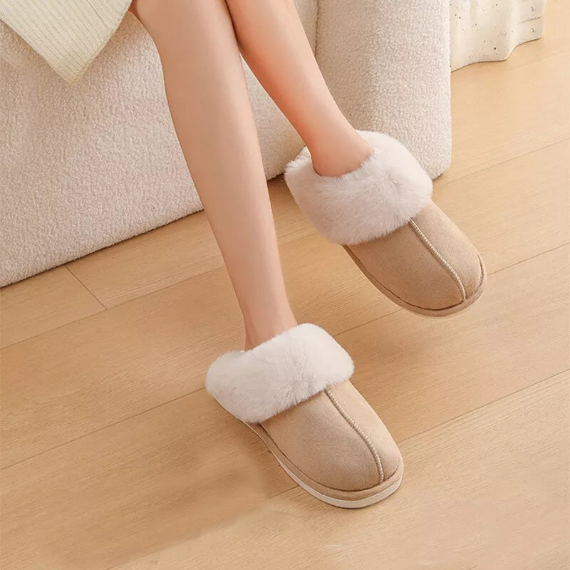 Warm house slippers with faux fur collar