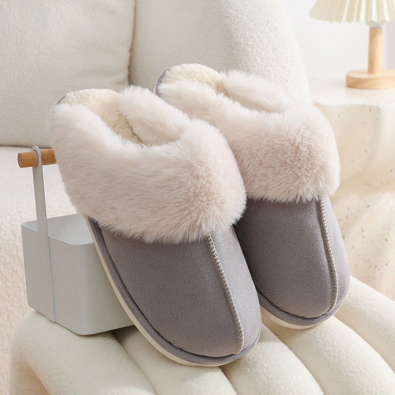 Warm slippers with faux fur collar for winter